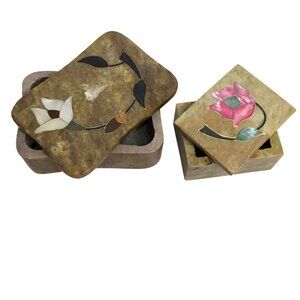 VTG India Soapstone Trinket Boxes Mother of Pearl Inlay Floral Carving Boho